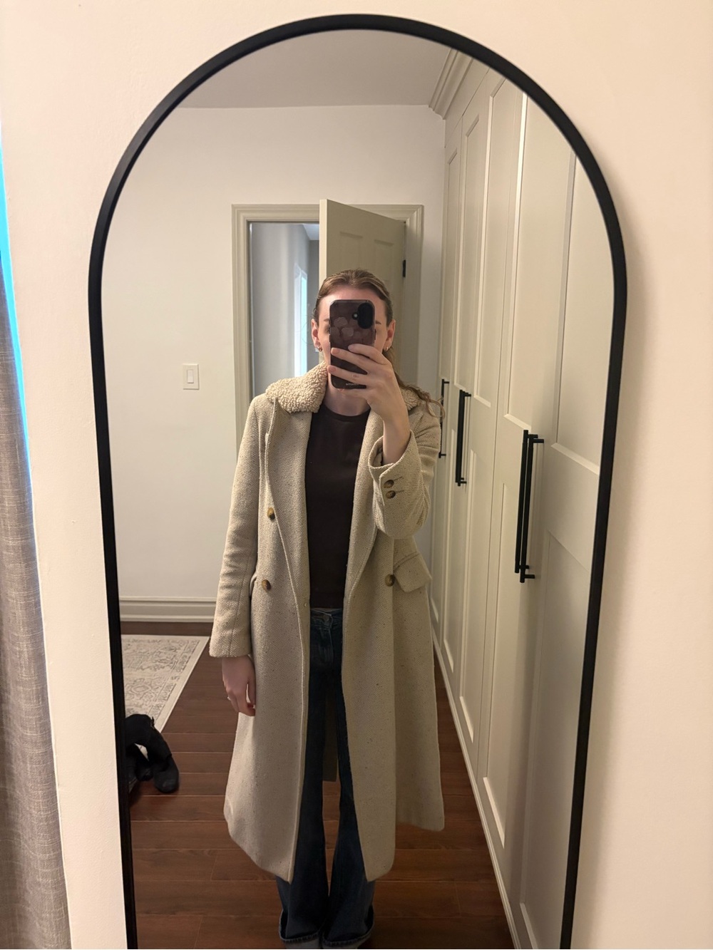 Womens Long Wool-Blend Coat with Faux Shearling removable Collar - Cream